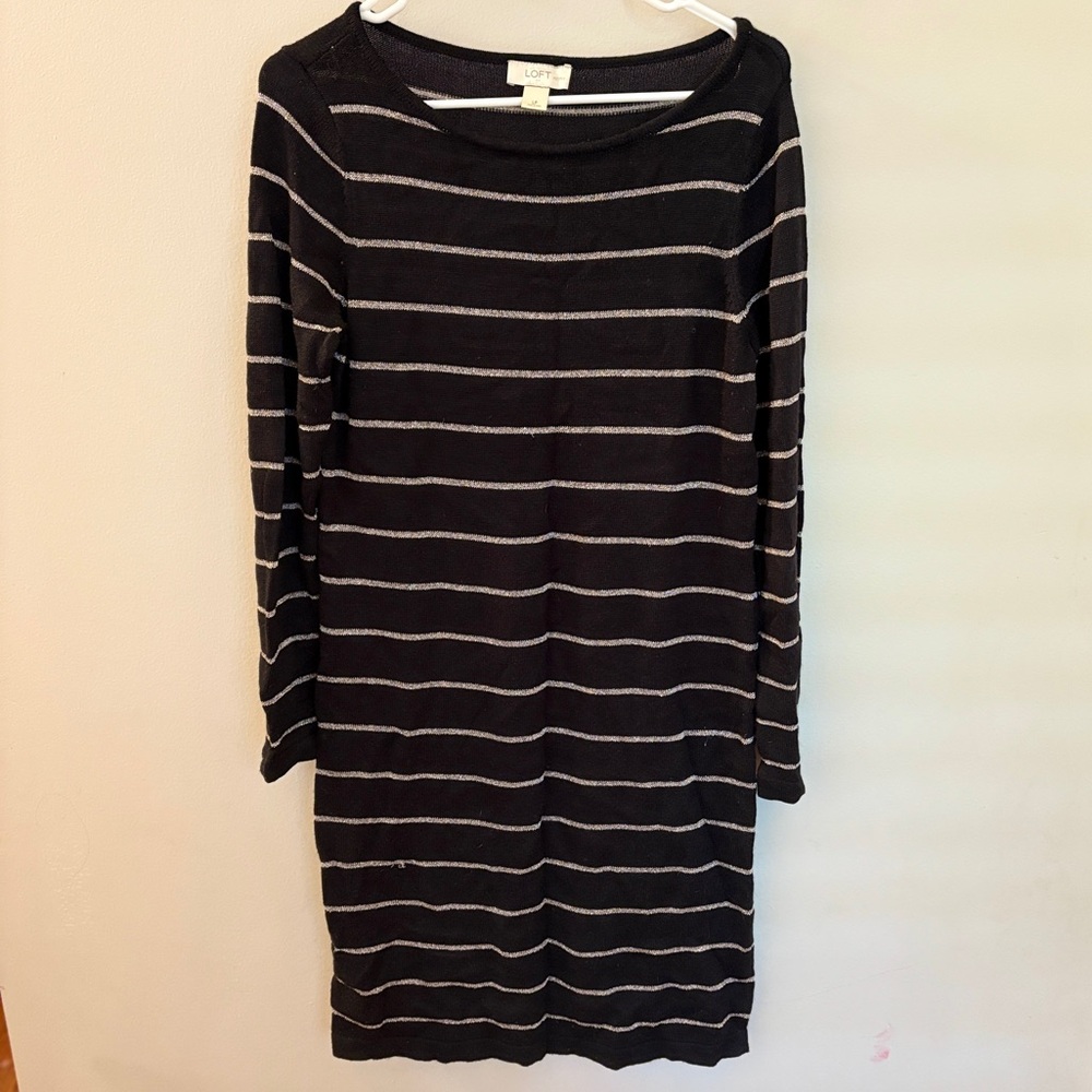 ✨ LOFT Petites Black & Silver Striped Sweater Dress – Size LP ✨
